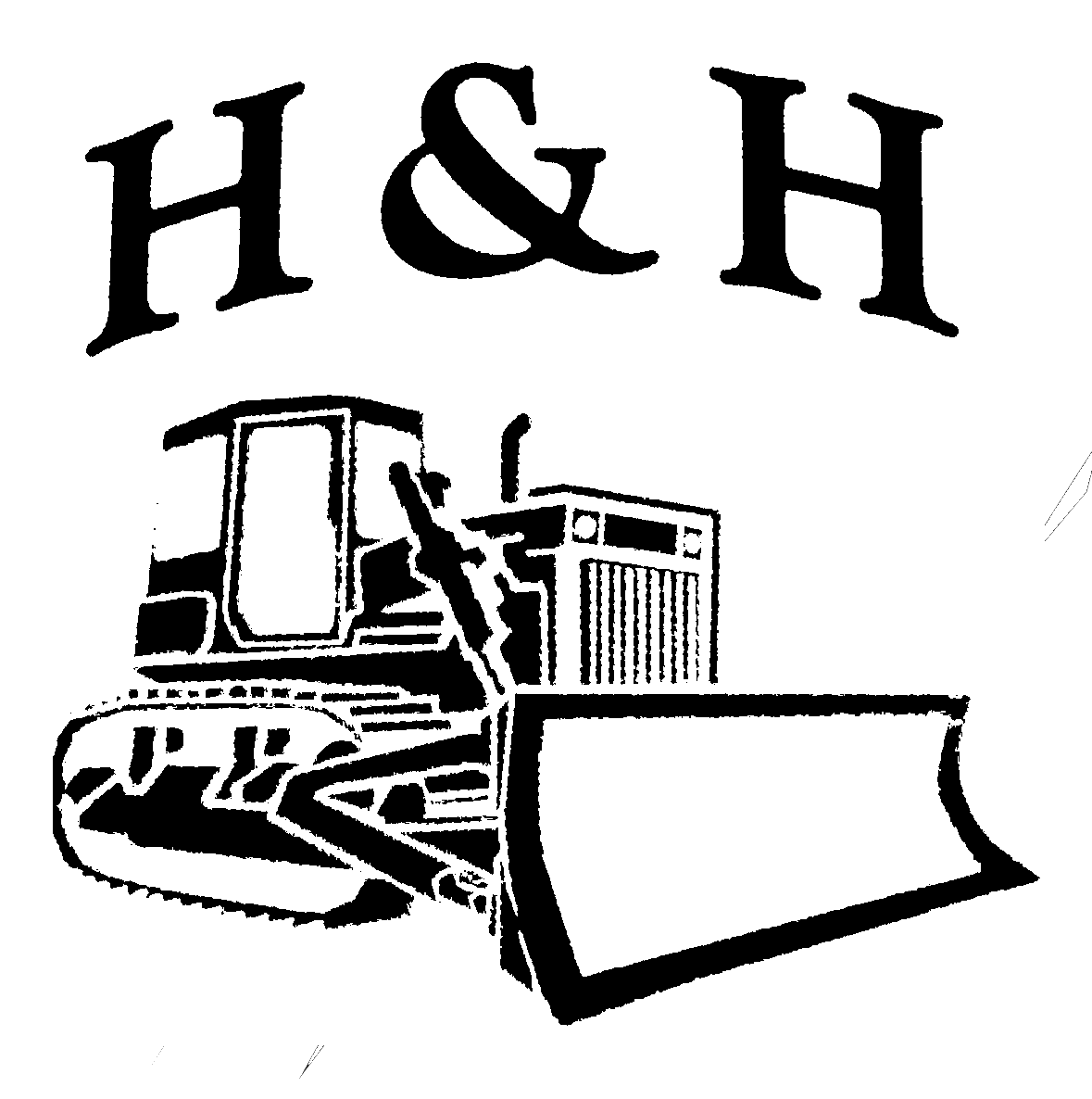 A black and white drawing of a bulldozer with the letters h & h above it.